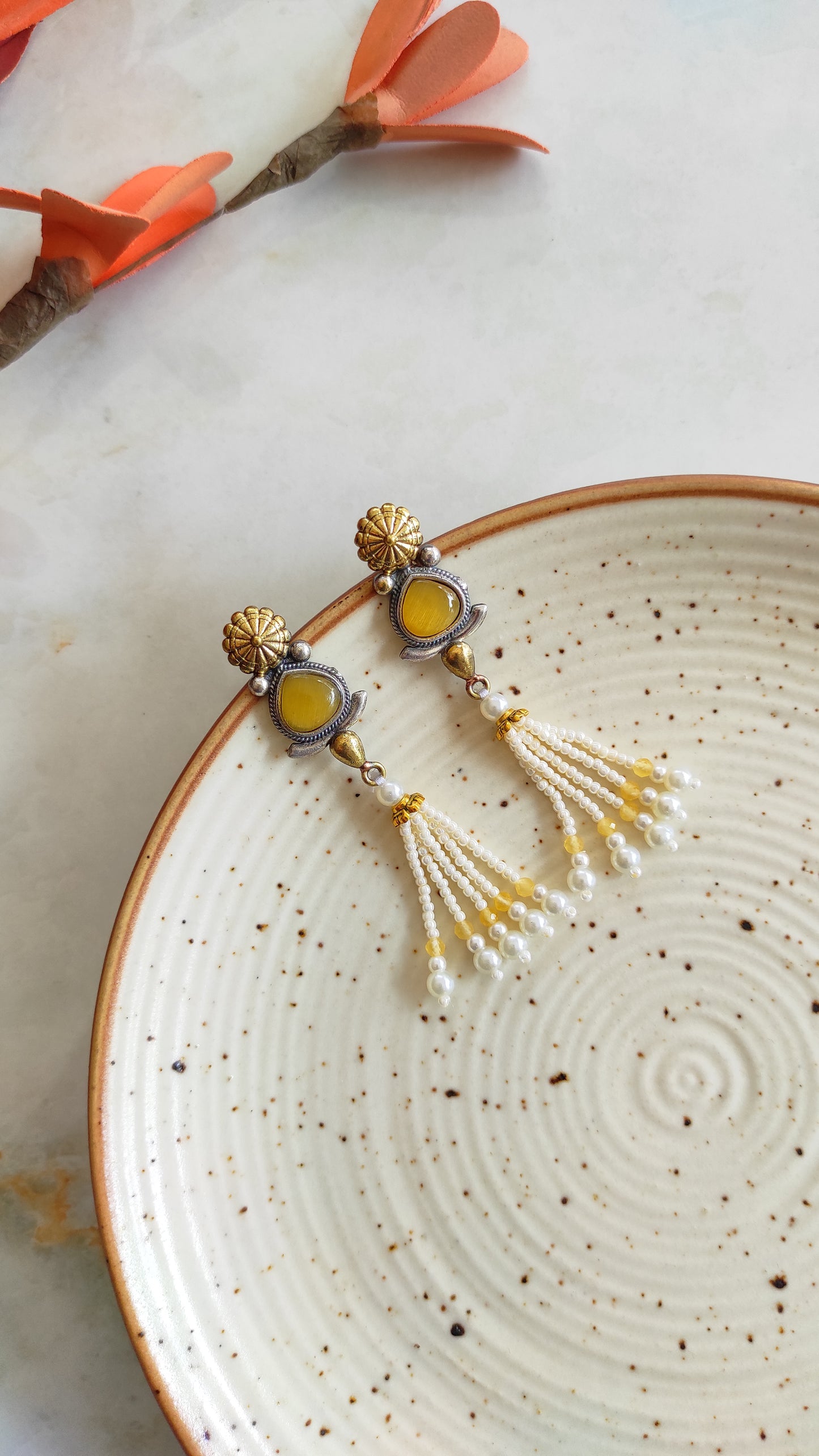 Beaded tassels dual tone long earrings