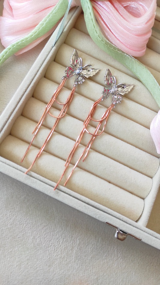 Silver Butterfly with Rose Gold Hanging Earrings