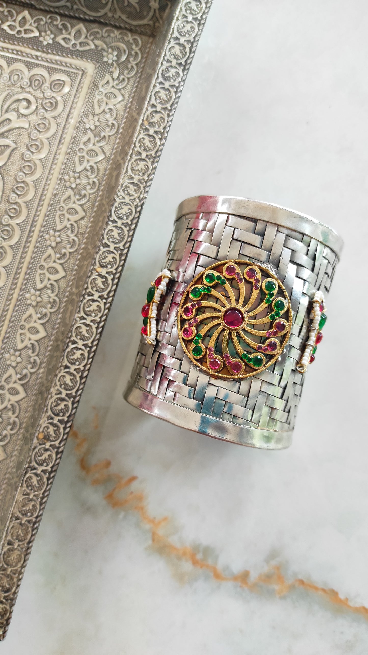 Handmade silver plated rajwadi kada cuff bracelet