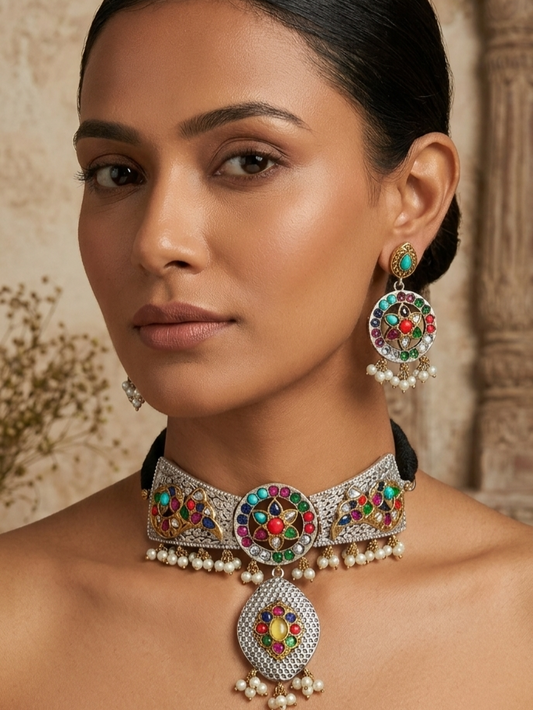Pernia choker set in navratna colors