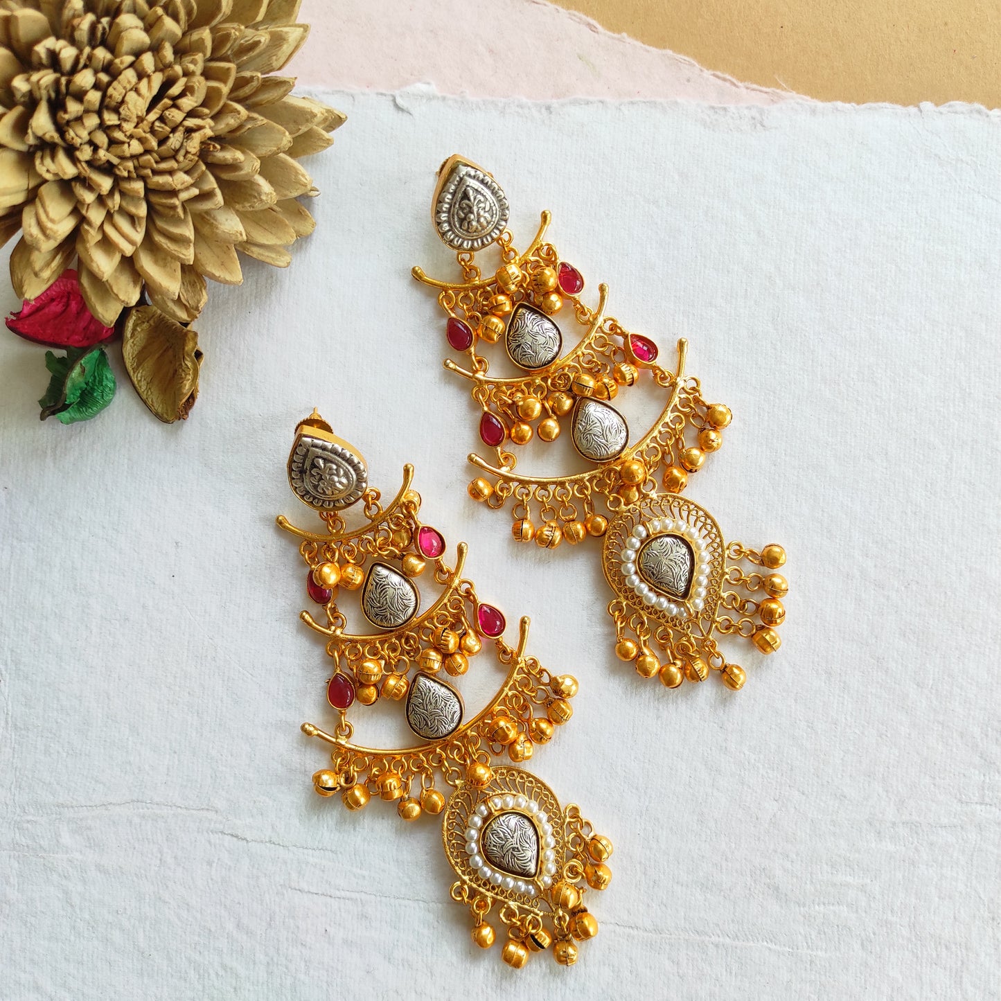 Chenab dualtone long kashmiri earrings with ghunghru