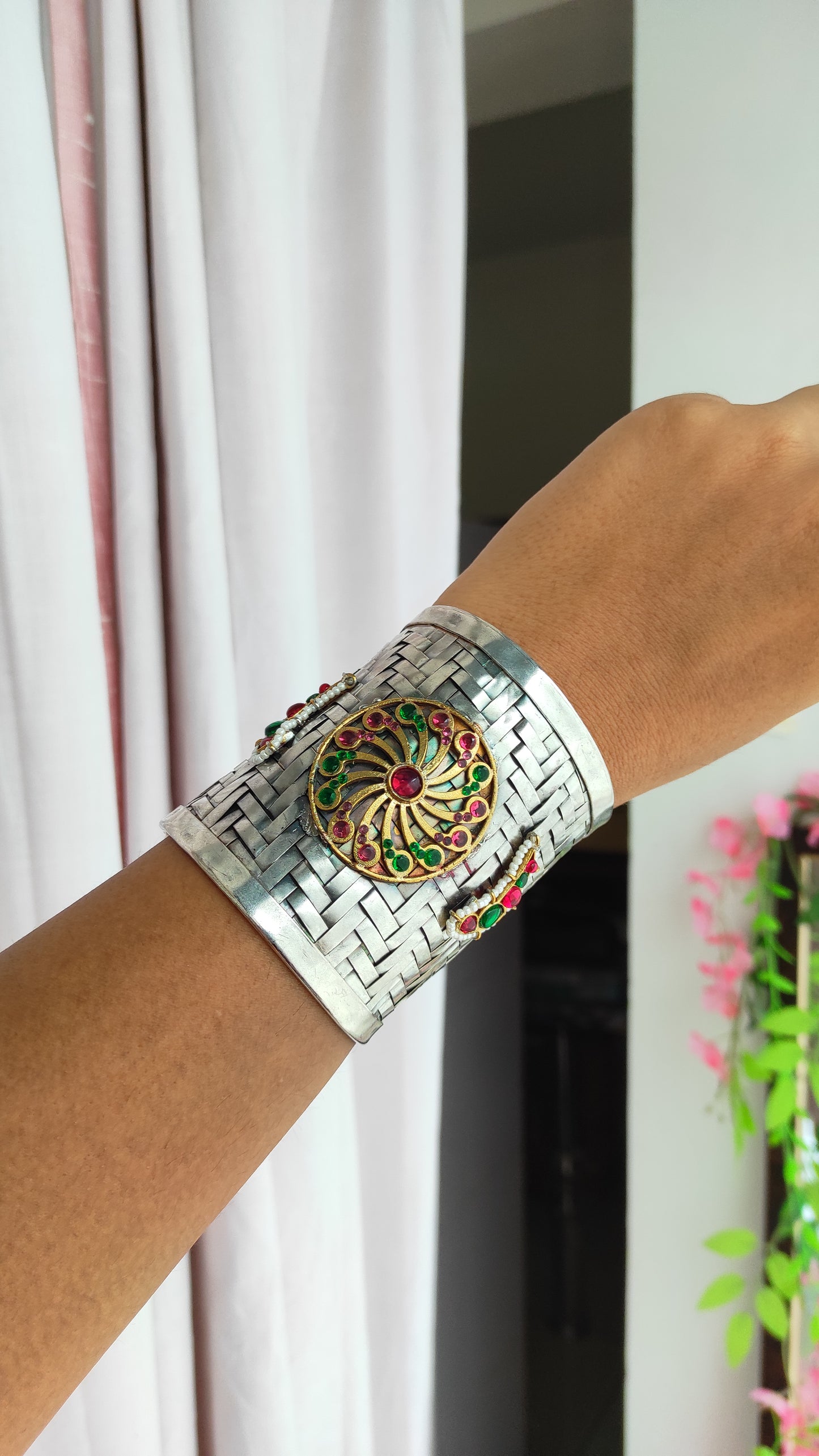 Handmade silver plated rajwadi kada cuff bracelet