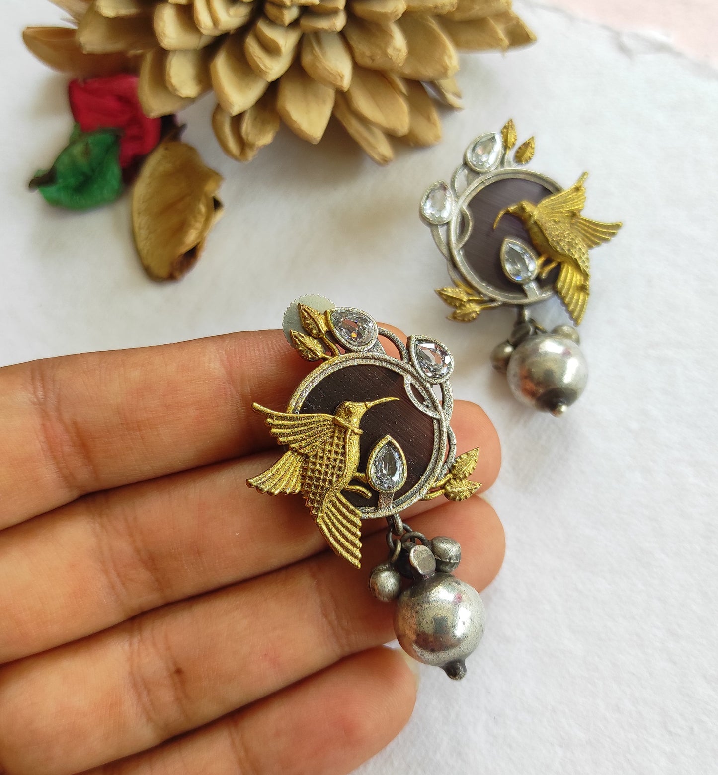 Birdie dualtone studs earrings with monalisa stones DTE2