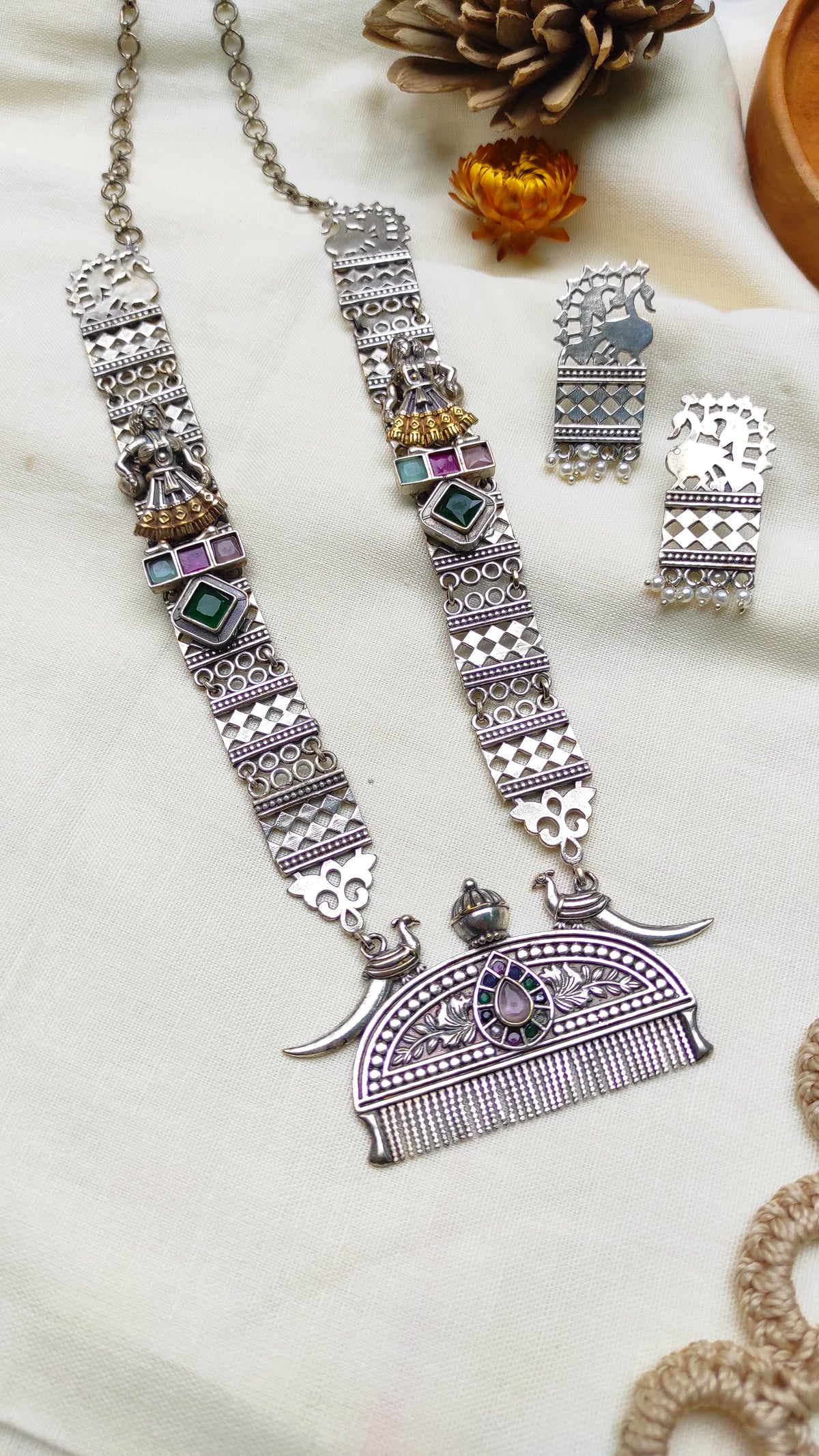 Piya long necklace set in silver lookalike brass