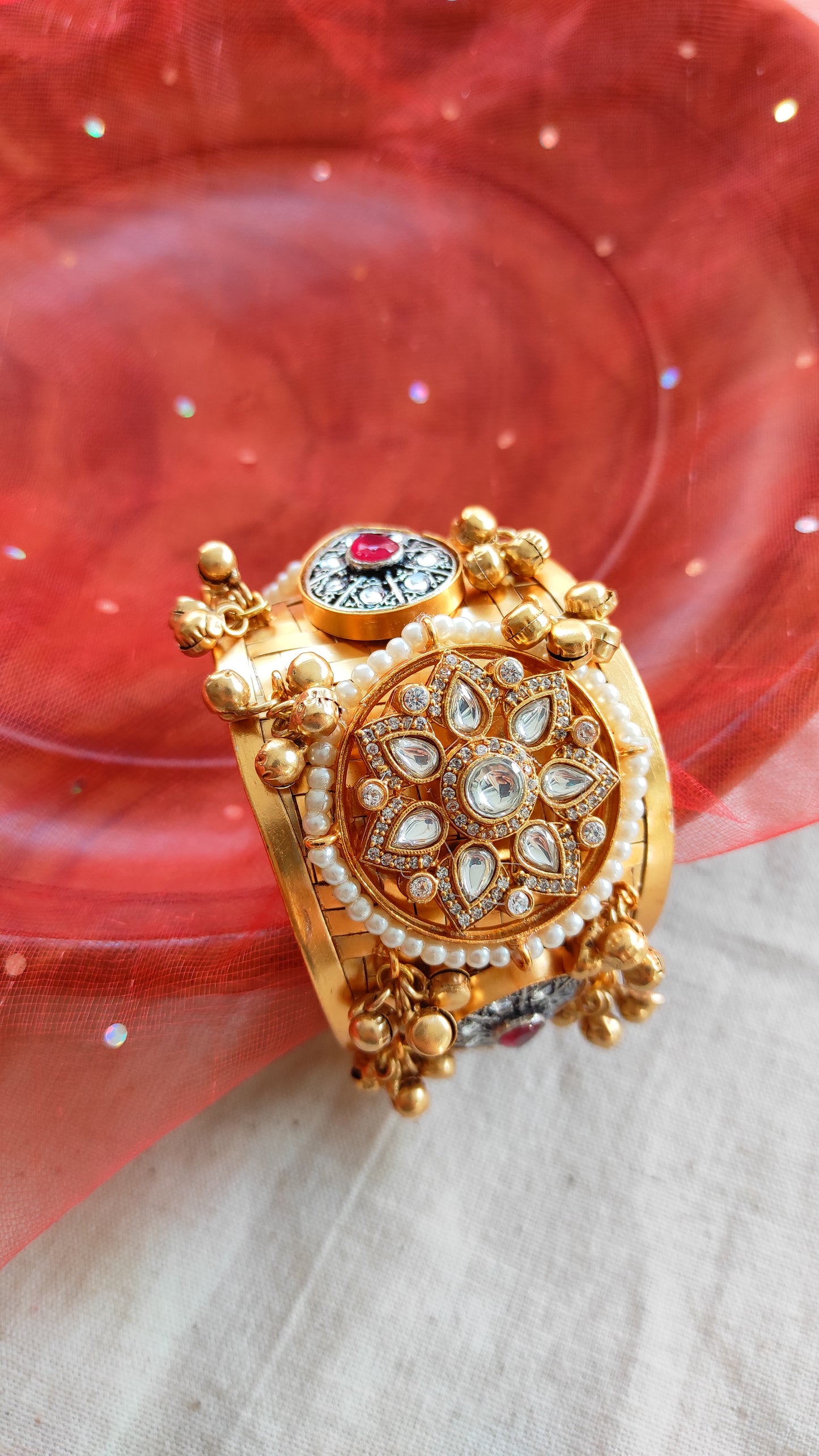 Rajsee kundan kada with ghunghru cuff bracelet