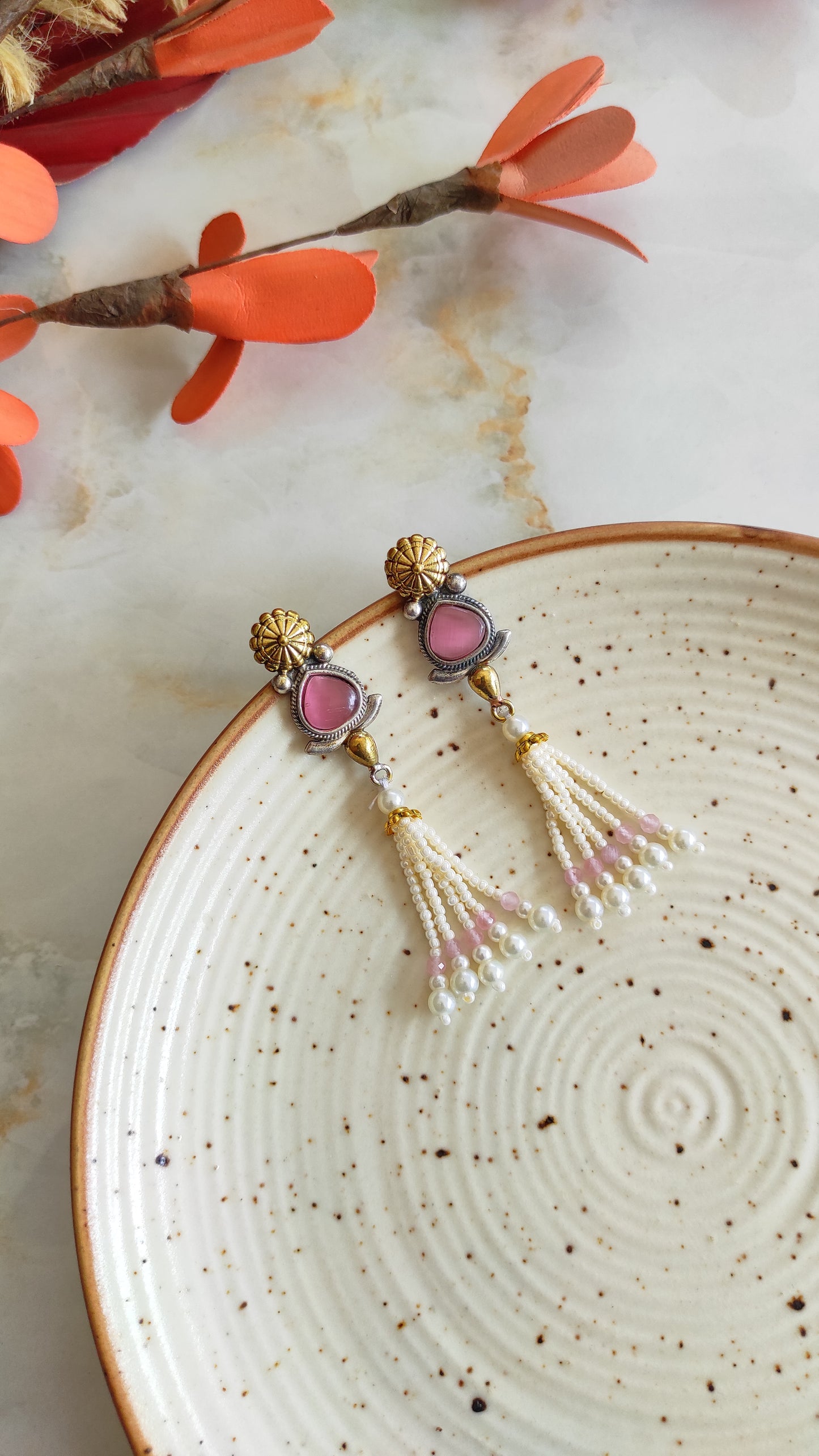 Beaded tassels dual tone long earrings