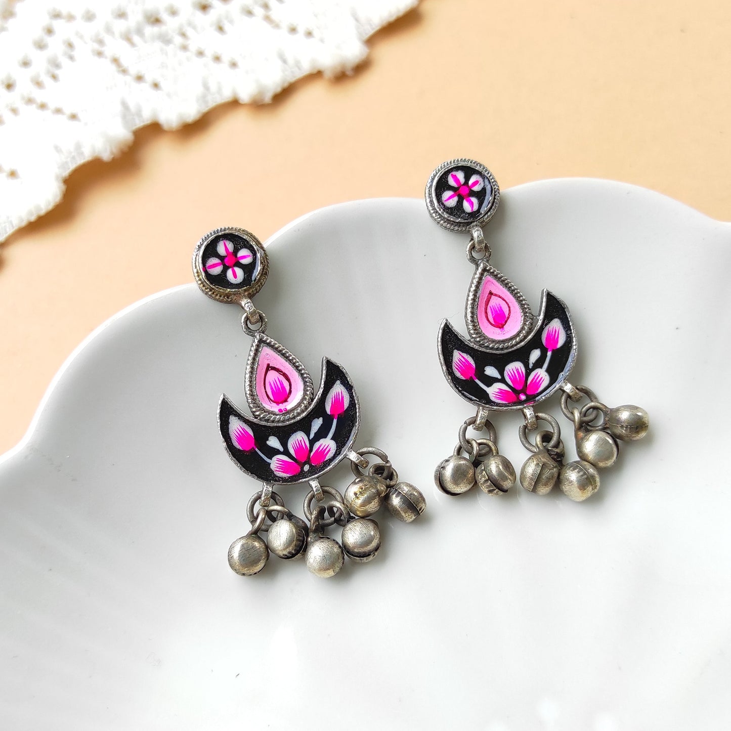 Jhilmil hand painted ghunghru silver replica earrings