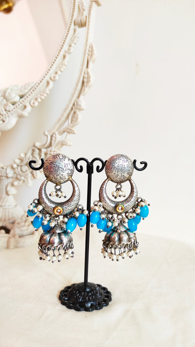 Blue beaded silver lookalike jhumka