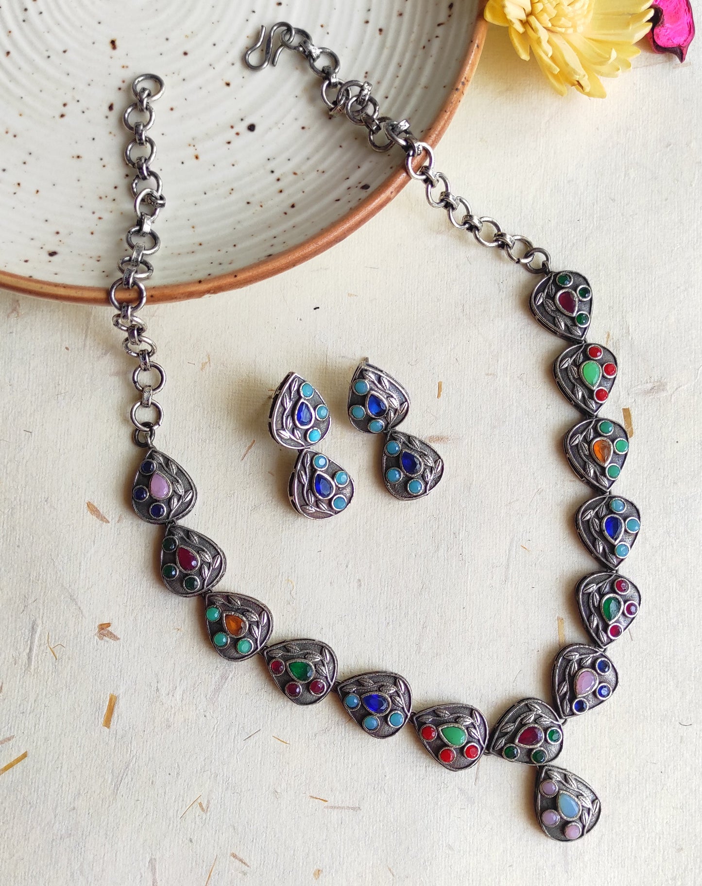 Prabha silver lookalike necklace with earrings