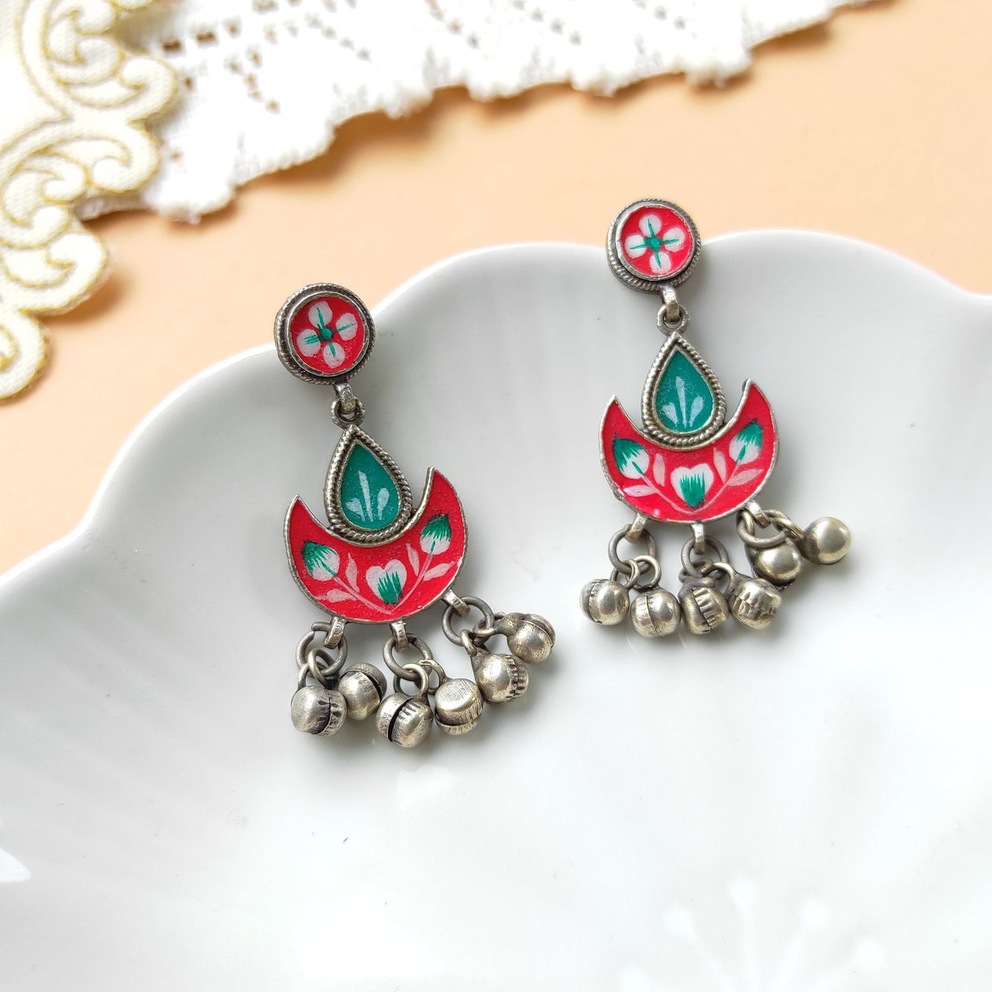 Jhilmil hand painted ghunghru silver replica earrings