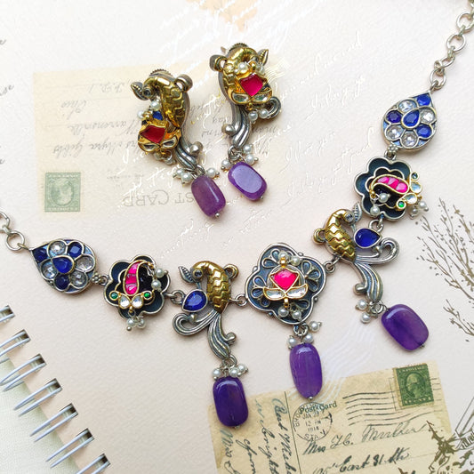 Purple Mayura dual tone pachi kundan necklace