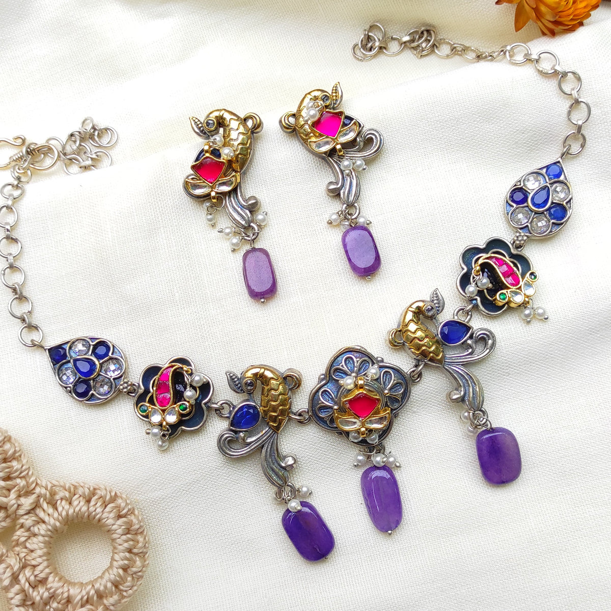 Purple Mayura dual tone pachi kundan necklace