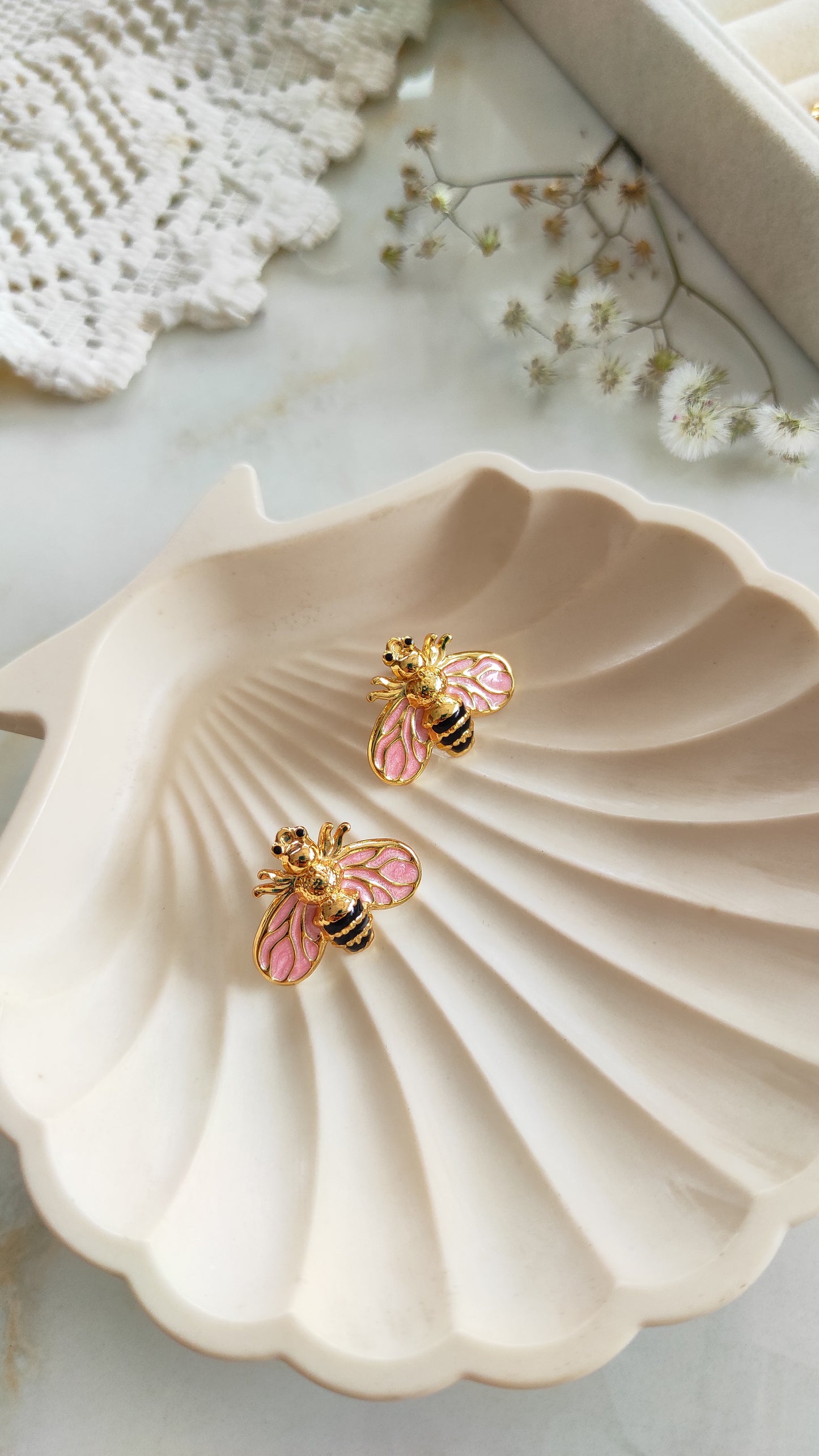 Enameled bee earrings